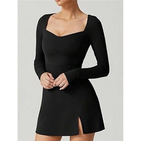 Women's V-Neck Long Sleeve Mini Dress With Side Slit - Picture 2 of 3